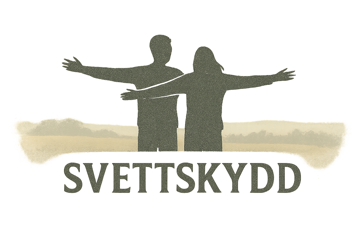 en logga för vårt märke det ska stå svettskydd i mitten och sedan 2 personer som står med armarna utåt som i tittanic på ett fält gör bilden lite fadead så det ser cleant ut o matcha färgerna